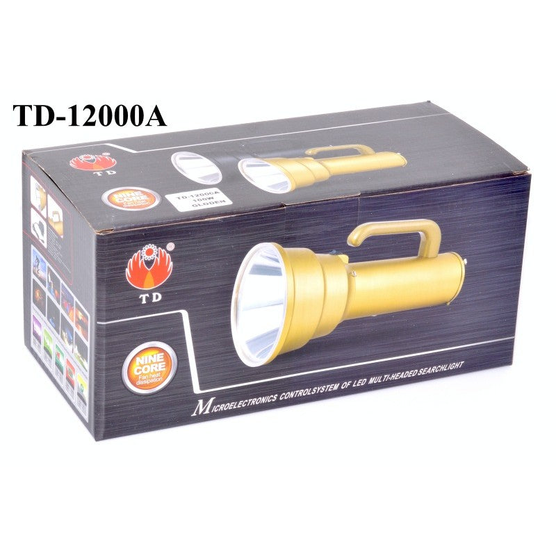 Cutie ambalaj lanterna LED 100W reincarcabila, culoare aurie, kit complet