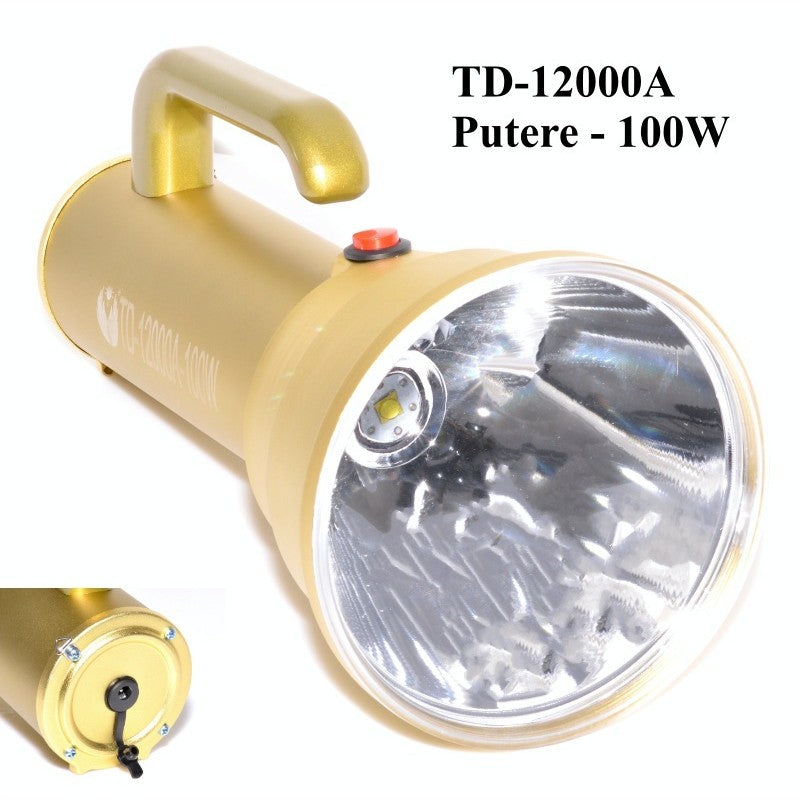 Lanterna LED 100W cu detaliu port incarcare pe capacul posterior, corp auriu robust