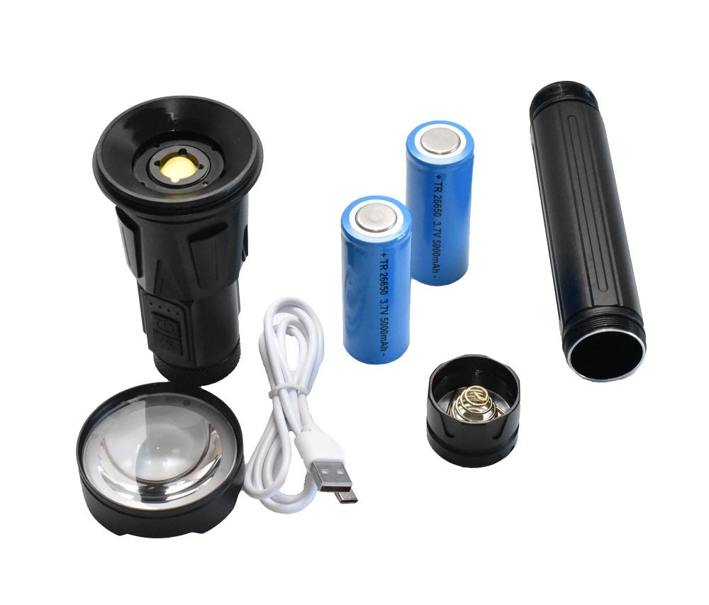 Lanterna LED telescopica demontata cu acumulatori 26650 5000mAh, lentila si cablu USB-C incluse