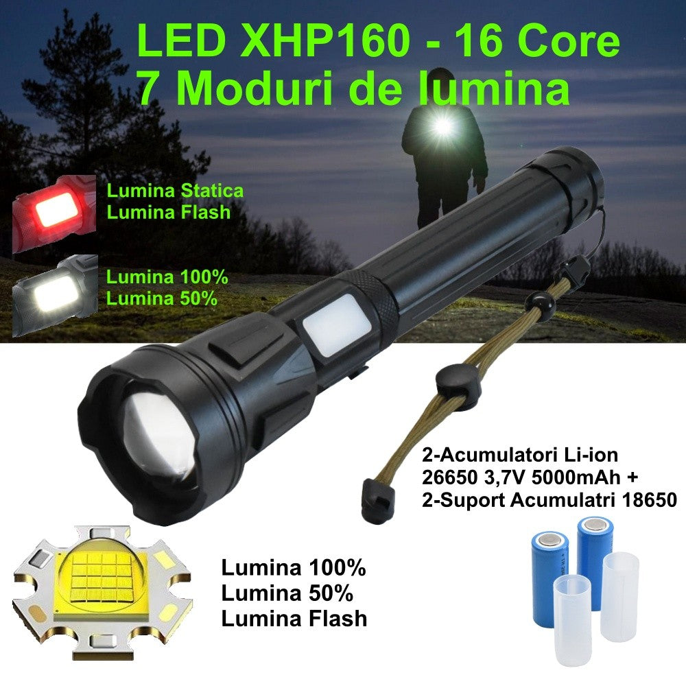 Lanterna LED XHP-160 16Core cu 7 moduri lumina, acumulatori 26650 5000mAh si zoom telescopic