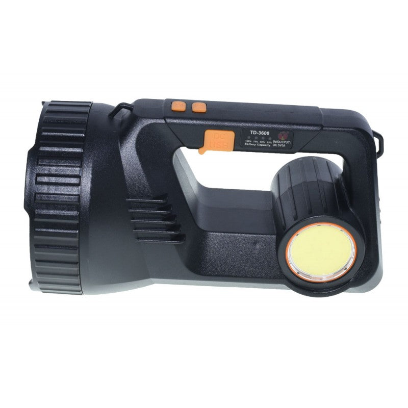 Lanterna LED portabila cu COB lateral aprins, vedere din spate cu indicator baterie si port USB