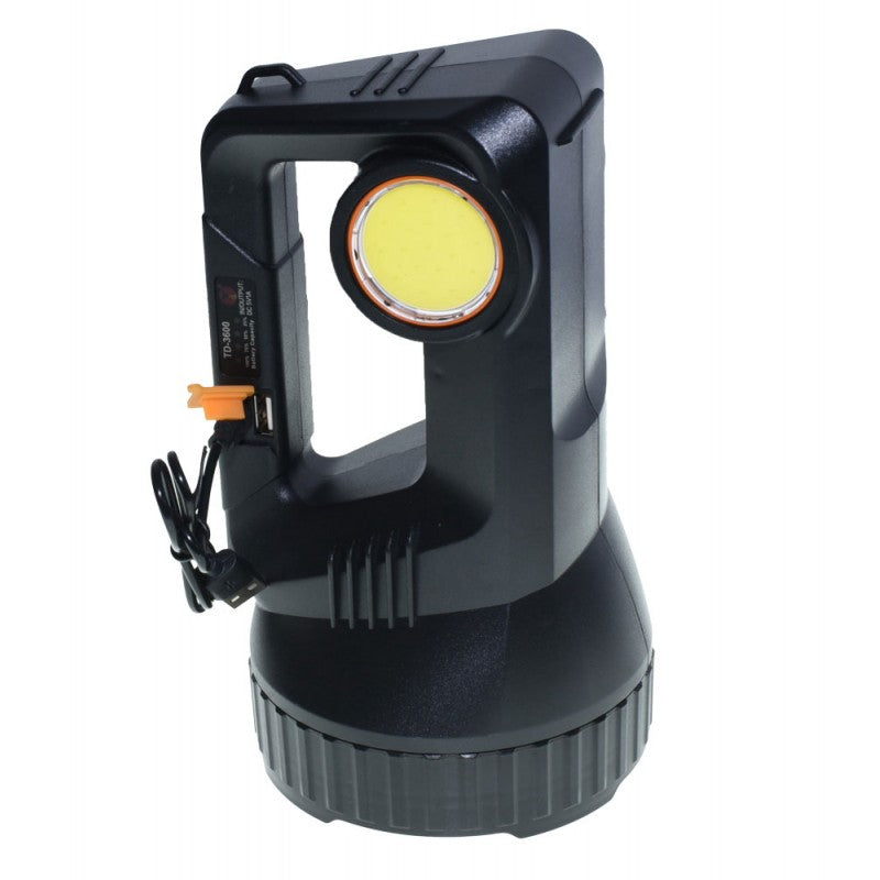 Lanterna LED portabila cu led COB lateral aprins, vedere din spate cu port incarcare USB