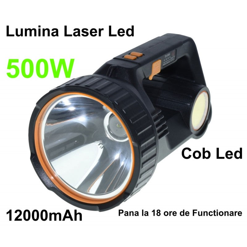 Lanterna LED 500W cu COB lateral si acumulator 12000mAh, autonomie pana la 18 ore