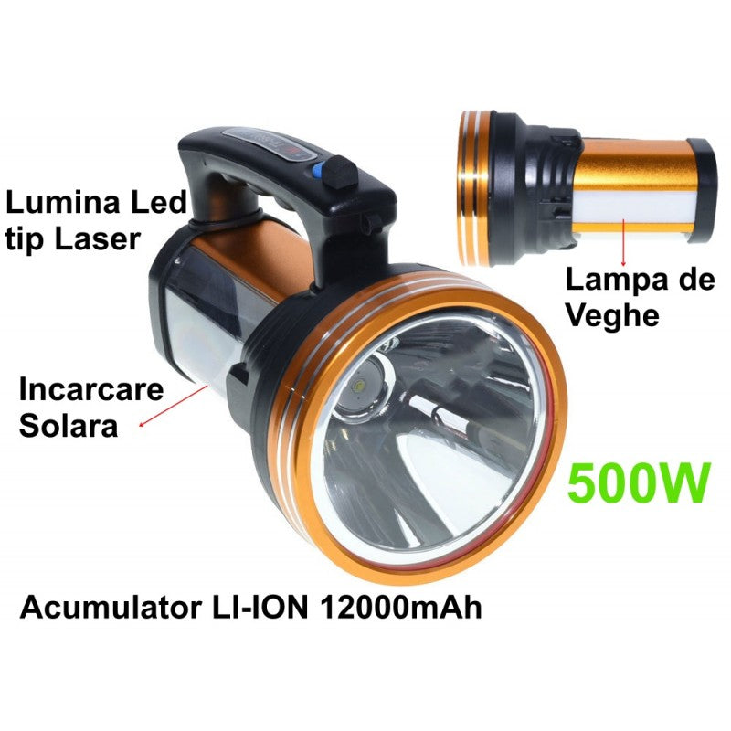 Lanterna LED 500W cu incarcare solara, acumulator Li-Ion 12000mAh si lampa de veghe laterala