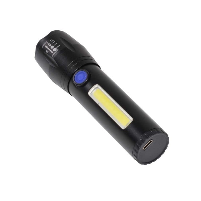 Lanterna LED 3W cu zoom telescopic si COB lateral, acumulator integrat, corp negru compact din aluminiu