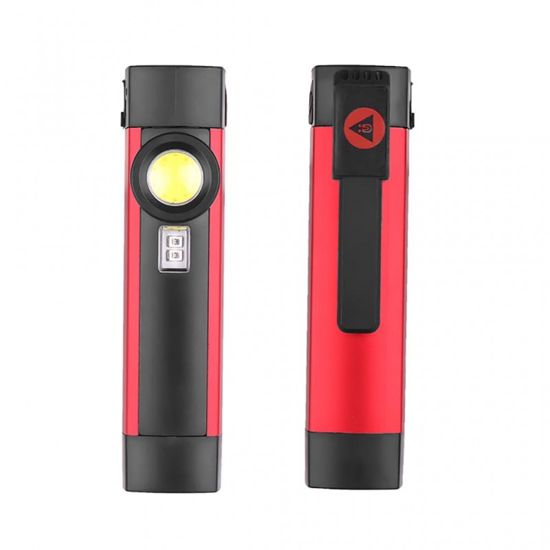 Lanterna LED portabila rosie-neagra, vedere fata si spate, clema prindere si buton de control