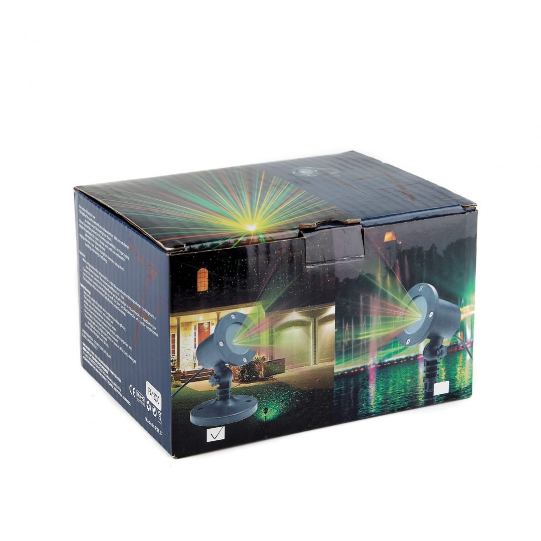 Proiector laser exterior IP65, efecte rosu-verde, cutie de ambalaj cu imagini ilustrative ale proiectiei