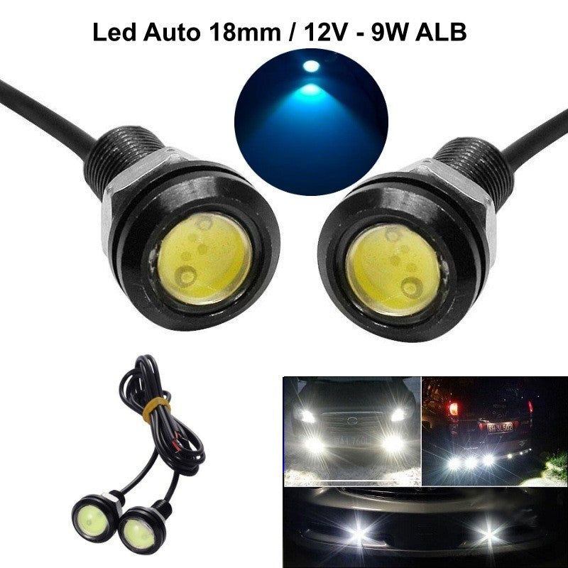 LED auto 18mm, 12V, 9W, demonstratie fascicul luminos alb si albastru pe vehicule