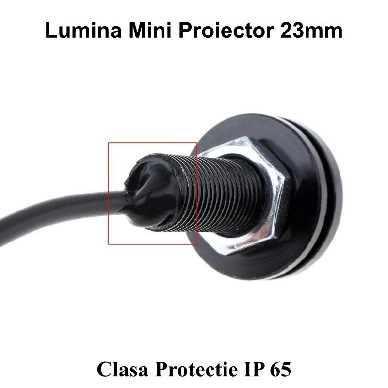Led auto 23mm cu filet de montaj si protectie IP65, detaliu mecanism fixare cu piulita