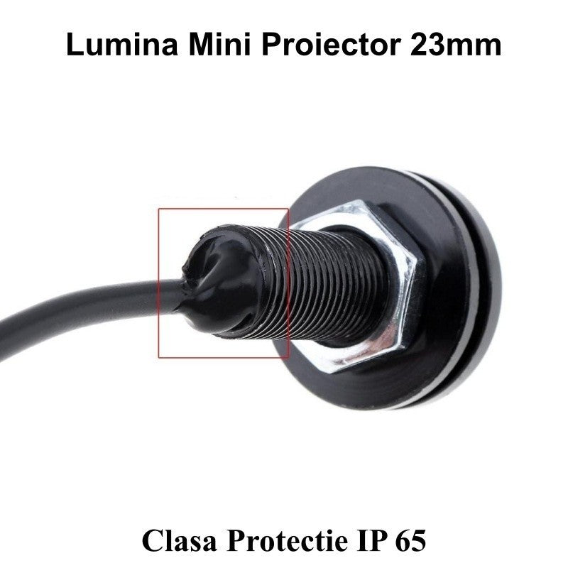 Mini proiector LED auto 23mm, IP65, detaliu filet de 10mm si sistem de etansare impermeabil
