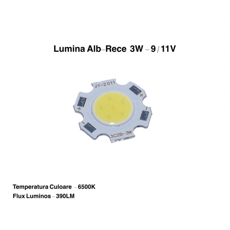 Chip LED COB 3W cu specificatii tehnice vizibile: 6500K temperatura culoare, 390 lm flux luminos