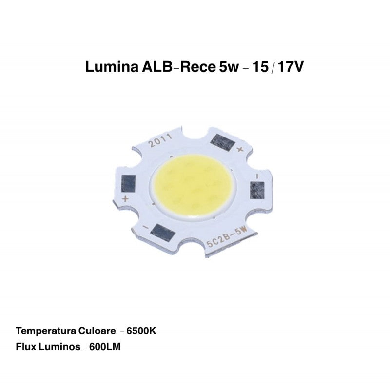 Chip LED COB 5W lumina alb-rece 6500K, 600LM, tensiune 15-17V, detalii tehnice vizibile
