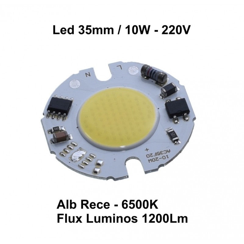 Chip LED COB 10W 220V, 35mm diametru, 1200lm, alb rece 6500K, componente electronice integrate vizibile
