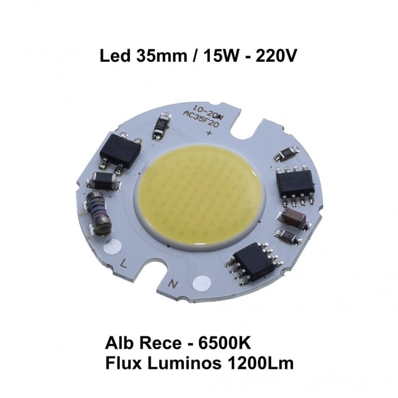 Modul LED COB 35mm 15W 220V 6500K 1200lm vedere frontala cu componente SMD vizibile