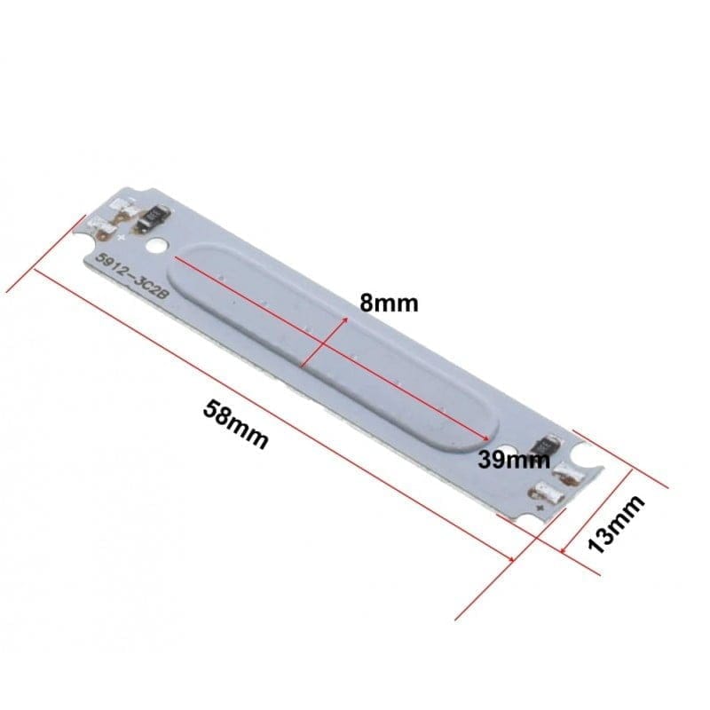 Chip LED COB albastru cu dimensiuni marcate: 58x13mm, lungime activa 39mm, latime 8mm