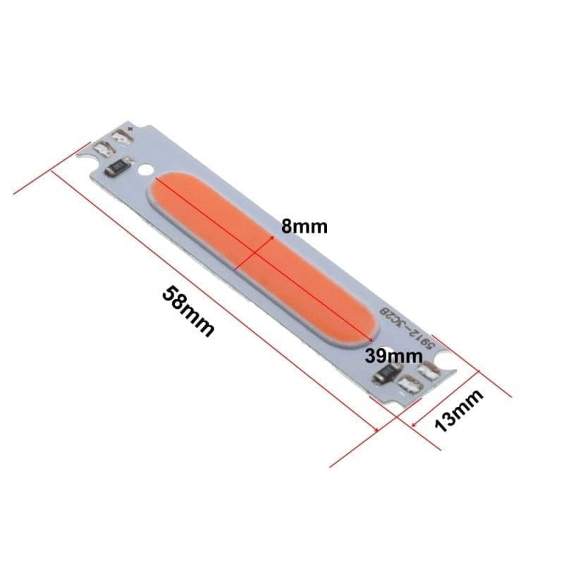 Chip LED COB 2W cu dimensiuni marcate: 58x13mm total, suprafata activa 39x8mm