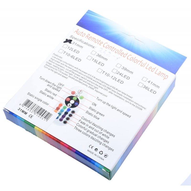 Spatele cutiei cu specificatii tehnice pentru LED RGB feston 31mm, 0.5W per LED, 60LM
