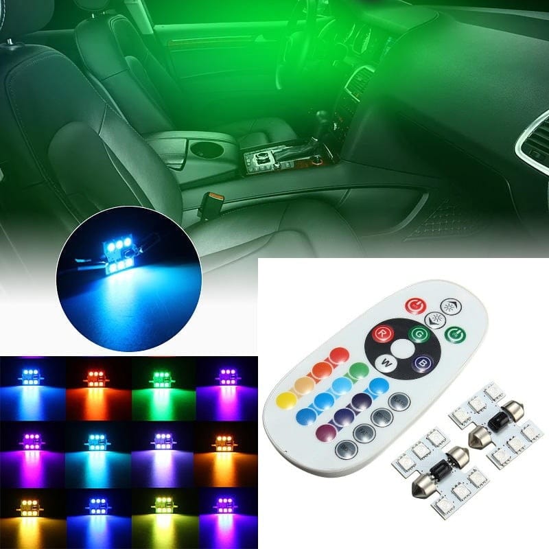 Becuri LED RGB feston montate in interior auto, multiple culori selectabile prin telecomanda