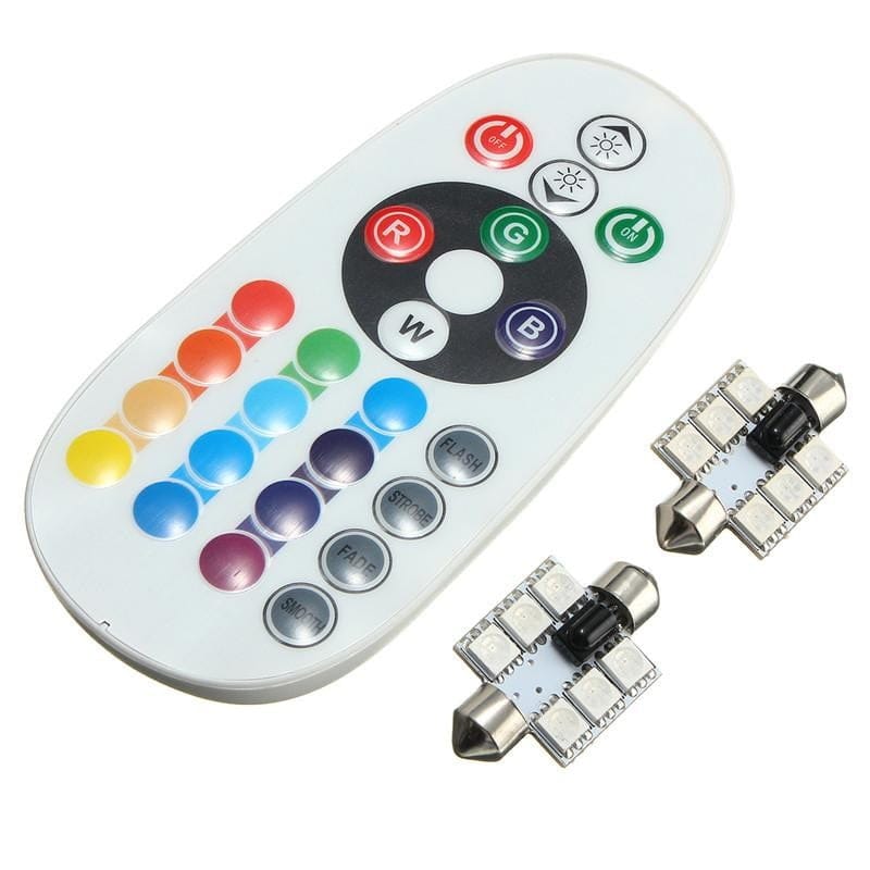 Set 2 becuri LED RGB feston 36mm cu telecomanda IR 16 culori, 6 SMD 5050, 1W, soclu auto