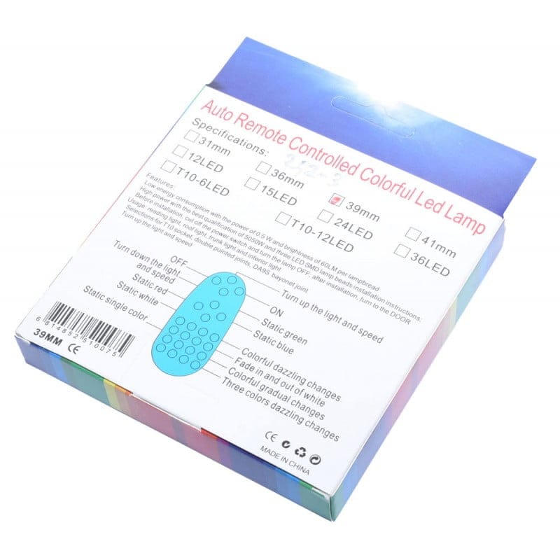 Spatele cutiei cu specificatii led feston RGB 39mm, 0.5W, 60LM, moduri de efect luminos