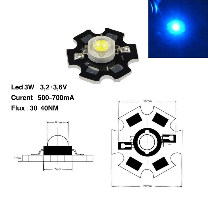 Chip LED albastru 3W cu radiator stea - diagrama tehnica dimensiuni si lumina albastra emisa