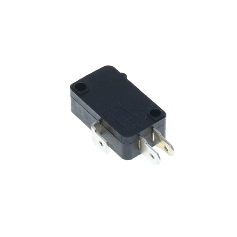 Micro limitator 16A 250V, vedere frontala cu trei terminale metalice pentru conectare NC/NO