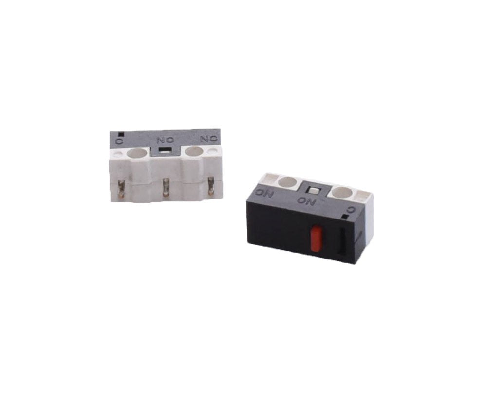 Micro limitator cu buton, doua unitati prezentate din unghiuri diferite, contacte NO/NC