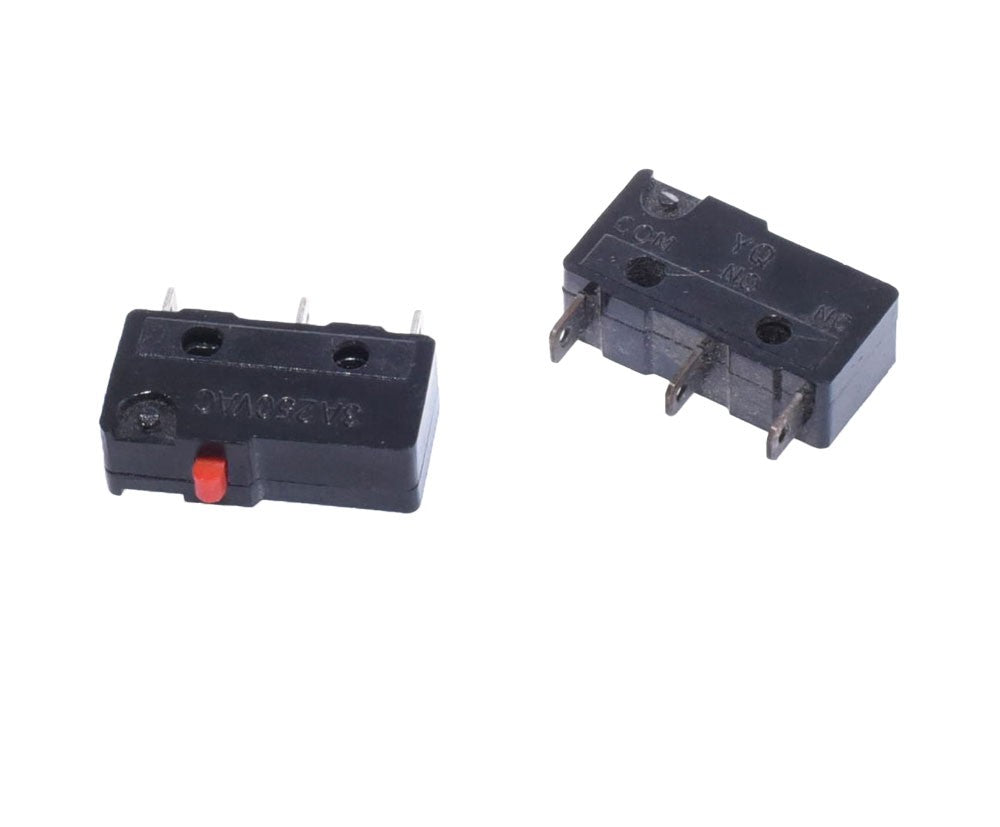 Set doua limitatoare mini 3A 250VAC, vedere frontala si spate cu eticheta COM/NO/NC