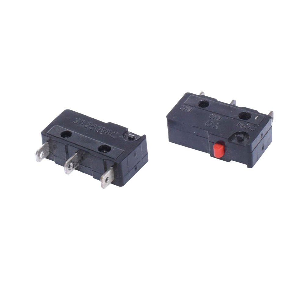 Doua limitatoare mini 3A 250VAC prezentate din unghiuri diferite, pini si buton rosu