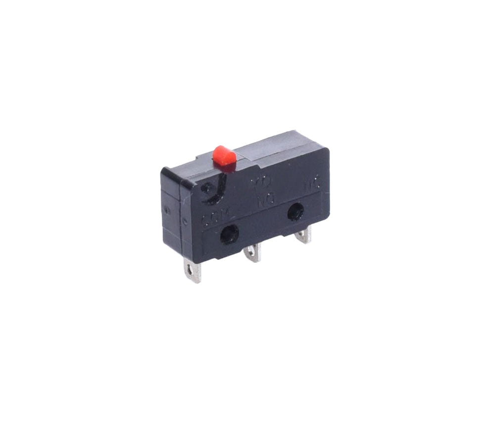 Limitator mini cu buton rosu 3A 250VAC, pini COM/NO/NC, dimensiuni 20x14x6mm, vedere izometrica