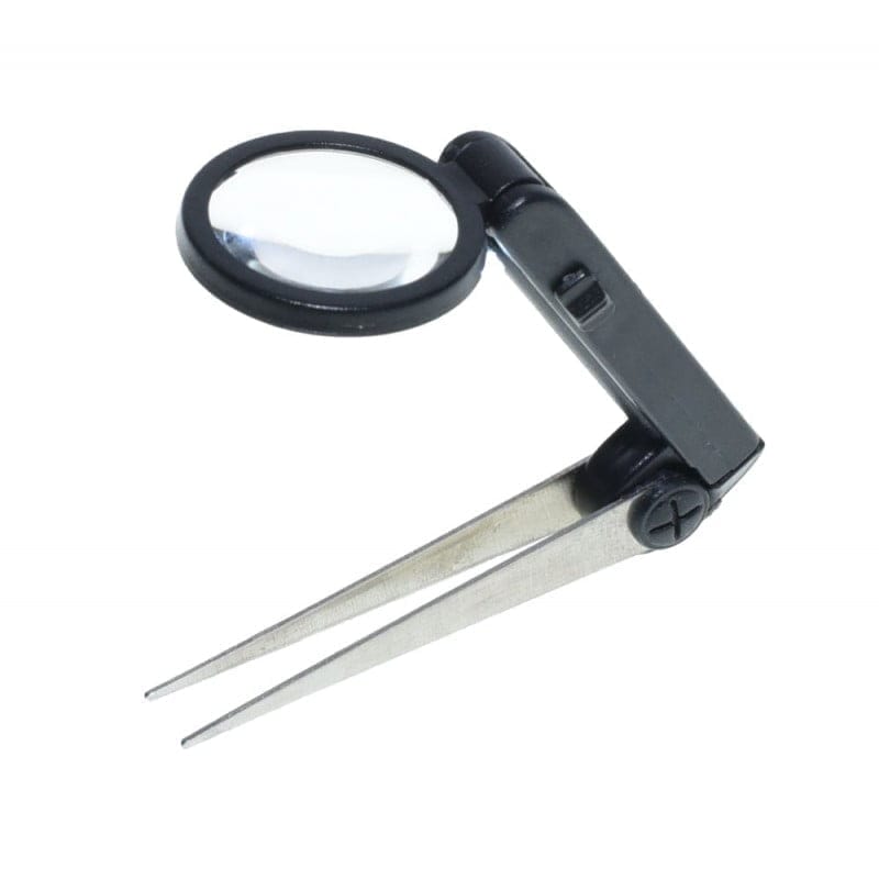 Lupa cu penseta metalica si LED incorporat, marire 10X, lentila 25mm, design pliabil compact