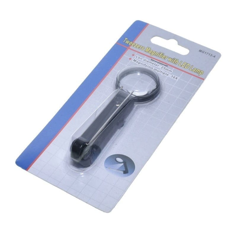 Lupa cu penseta si LED in ambalaj blister, vedere laterala