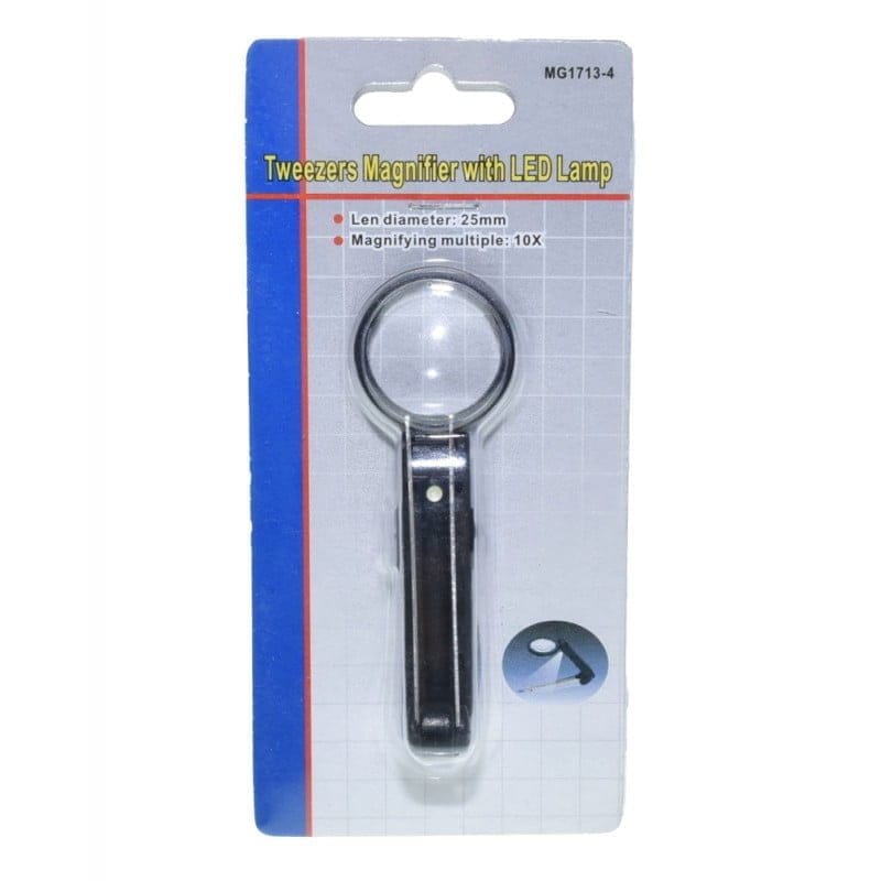 Lupa cu penseta si LED in ambalaj frontal, marire 10X, lentila diametru 25mm