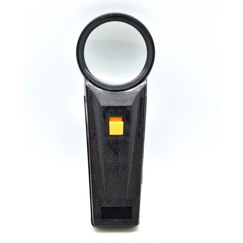 Lupa cu iluminare LED, vedere frontala cu buton de activare portocaliu si lentila circulara