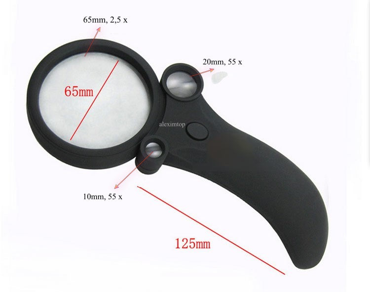 Lupa cu 3 lentile: 65mm 2.5x, 20mm 55x, 10mm 55x, dimensiuni de ansamblu 125mm