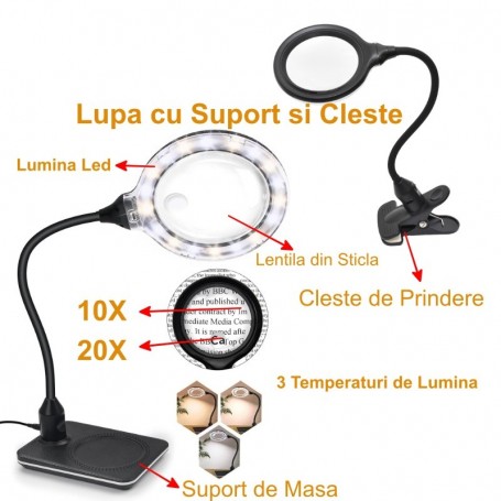 Lupa LED 10X 20X cu suport de masa si cleste, lentila sticla 11cm, 3 temperaturi lumina, 72 LED-uri, 12W