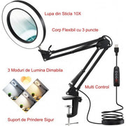 Lupa LED 10X cu brat flexibil articulat, 3 culori lumina reglabila 3000K-6500K, prindere cleste, alimentare USB