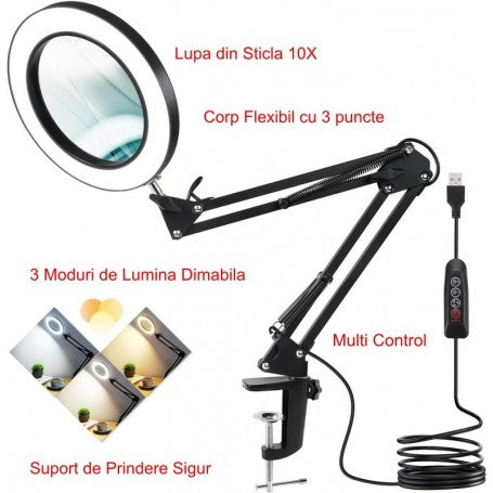 Lupa LED 10X cu brat flexibil articulat, 3 culori lumina reglabila 3000K-6500K, prindere cleste, alimentare USB