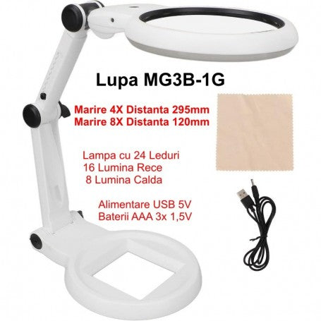 Lupa cu LED 4X si 8X, 24 leduri lumina calda si rece, accesorii incluse: cablu USB si laveta