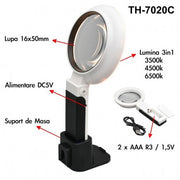 Lupa LED de masa 16x, lentila 50mm, 3 temperaturi de culoare 3500K-6500K, alimentare DC5V sau 2xAAA