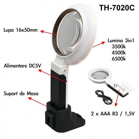 Lupa LED de masa 16x, lentila 50mm, 3 temperaturi de culoare 3500K-6500K, alimentare DC5V sau 2xAAA
