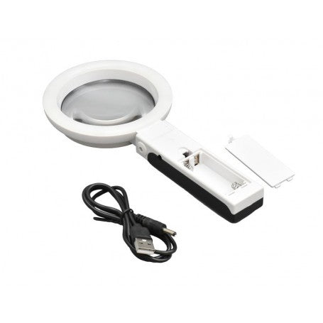 Lupa LED cu lentila rotunda, maner cu compartiment baterii deschis si cablu USB, vedere de sus