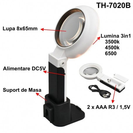 Lupa cu LED 8x65mm, iluminare 3in1 3500K-6500K, suport de masa si alimentare DC5V