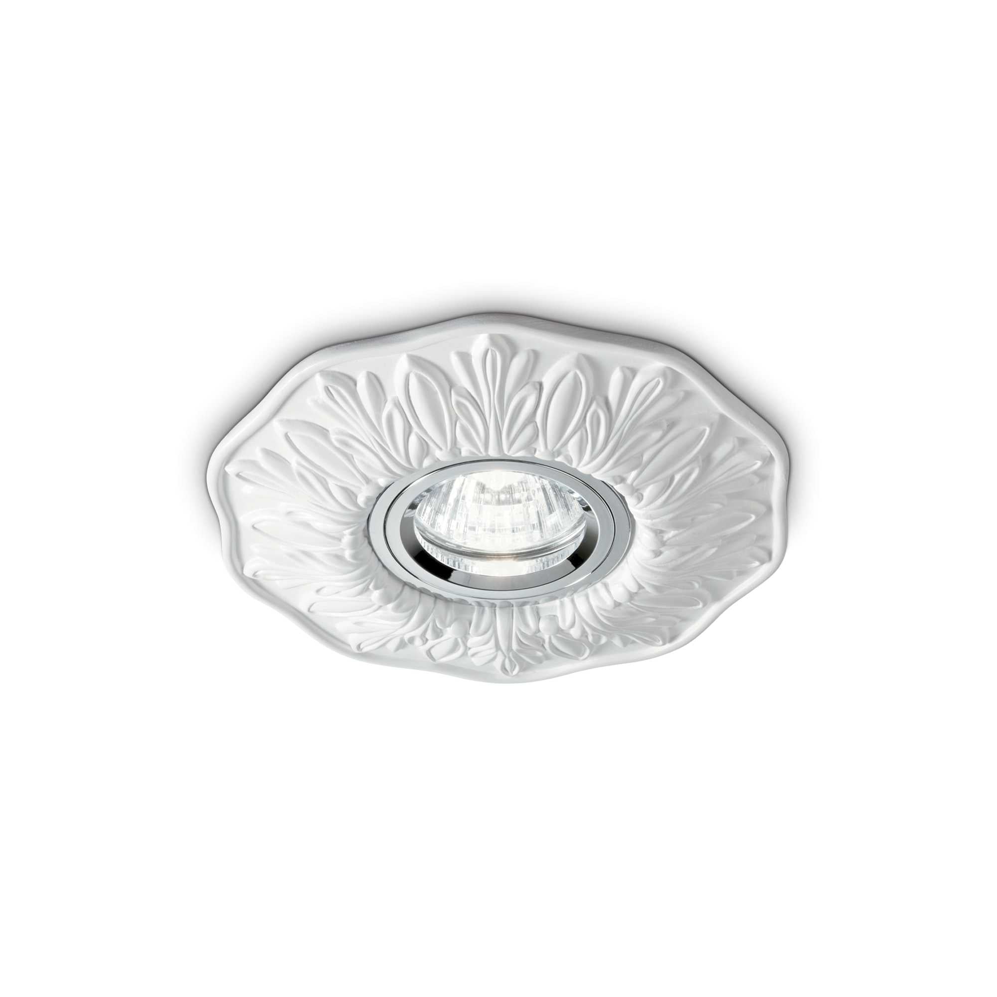Spot incastrat decorativ, rama ceramica alba cu relief floral, soclu GU10/MR16, inel cromat central, montaj tavan