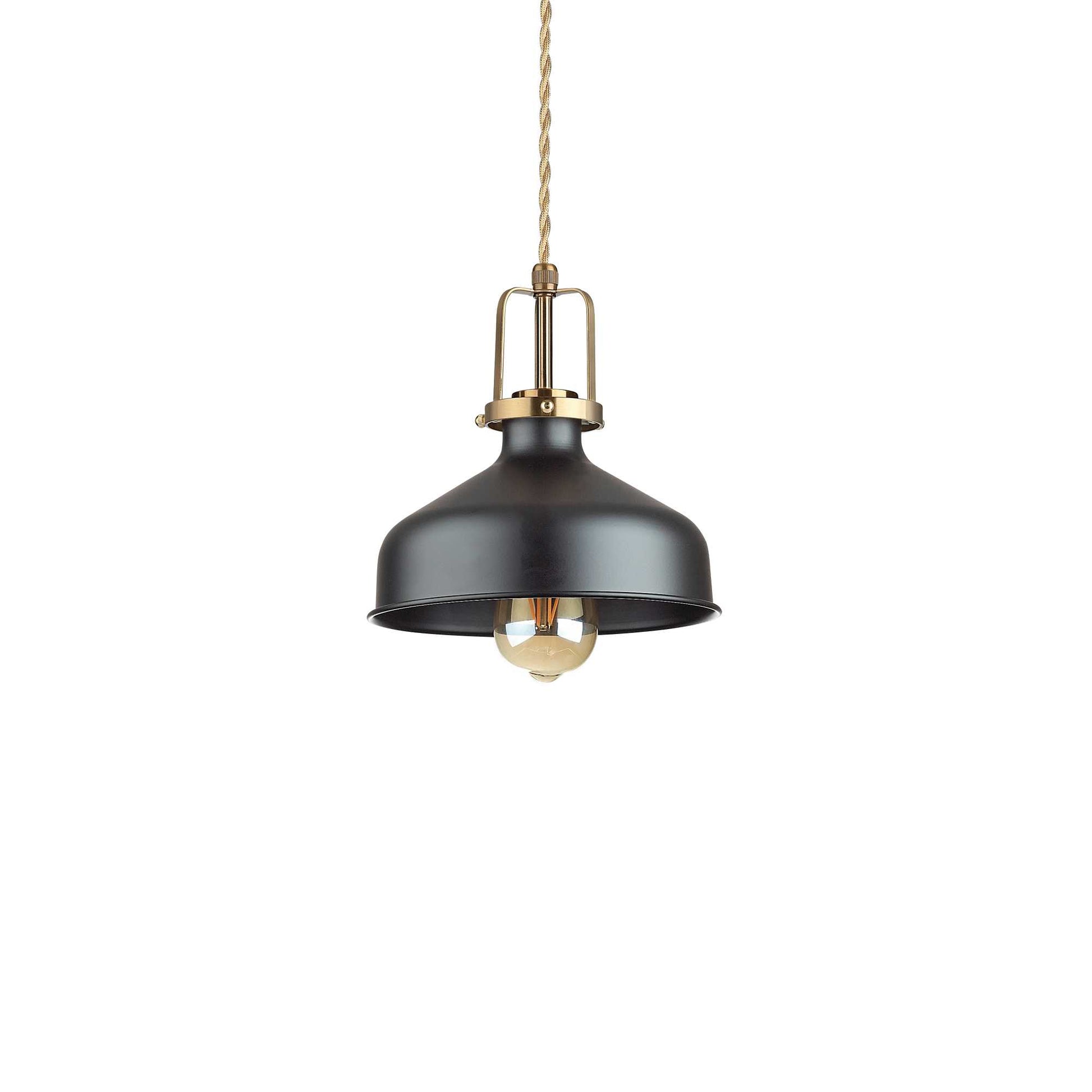 Lustra suspendata industriala, abajur metal negru mat, accesorii aurii, cablu textil rasucit, soclu E27, max 60W