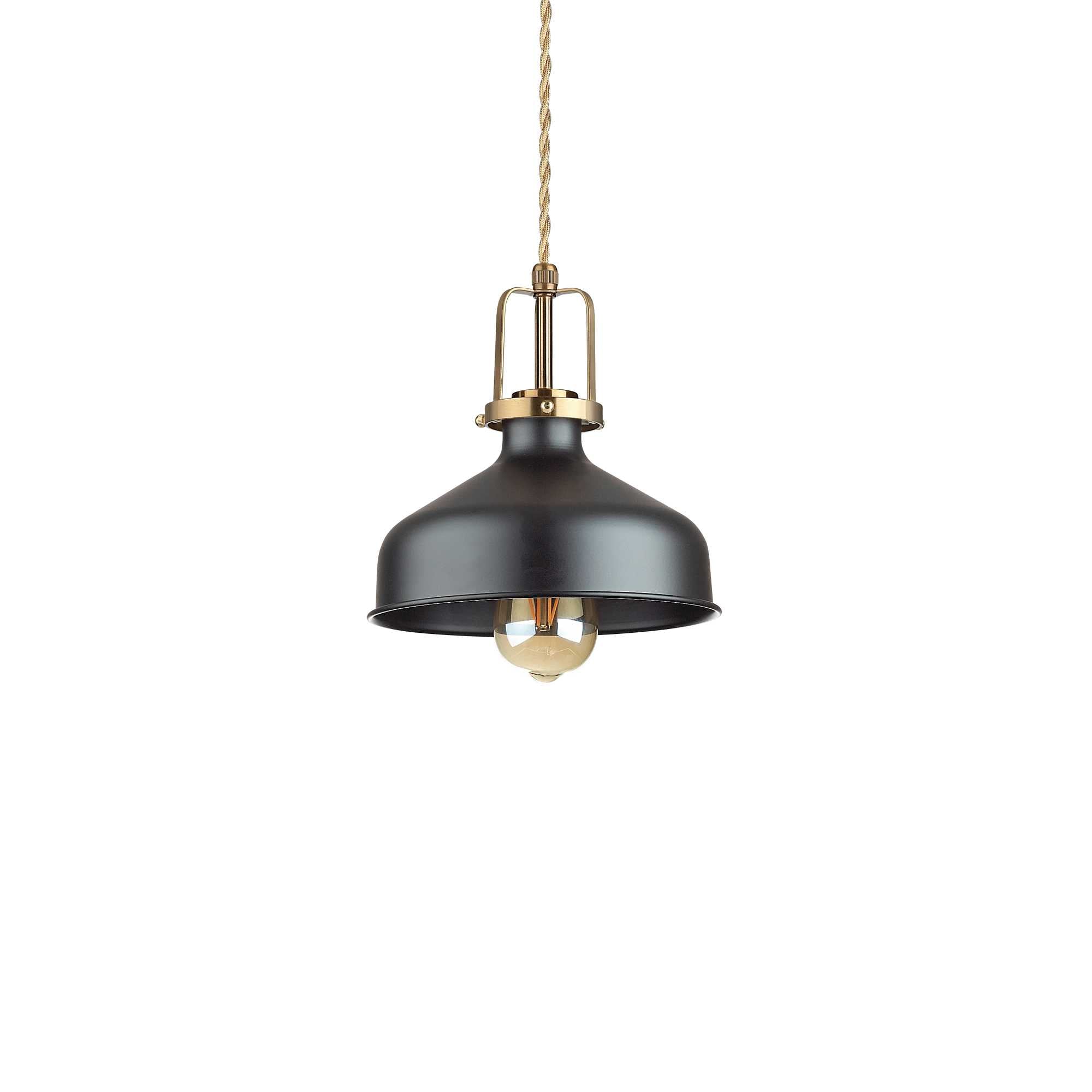 Lustra suspendata industriala, abajur metal negru mat, accesorii aurii, cablu textil rasucit, soclu E27, max 60W