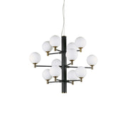 Lustra suspendata cu 12 globuri sticla opala, structura metalica neagra mata cu accesorii aurii, 3 niveluri, soclu E14