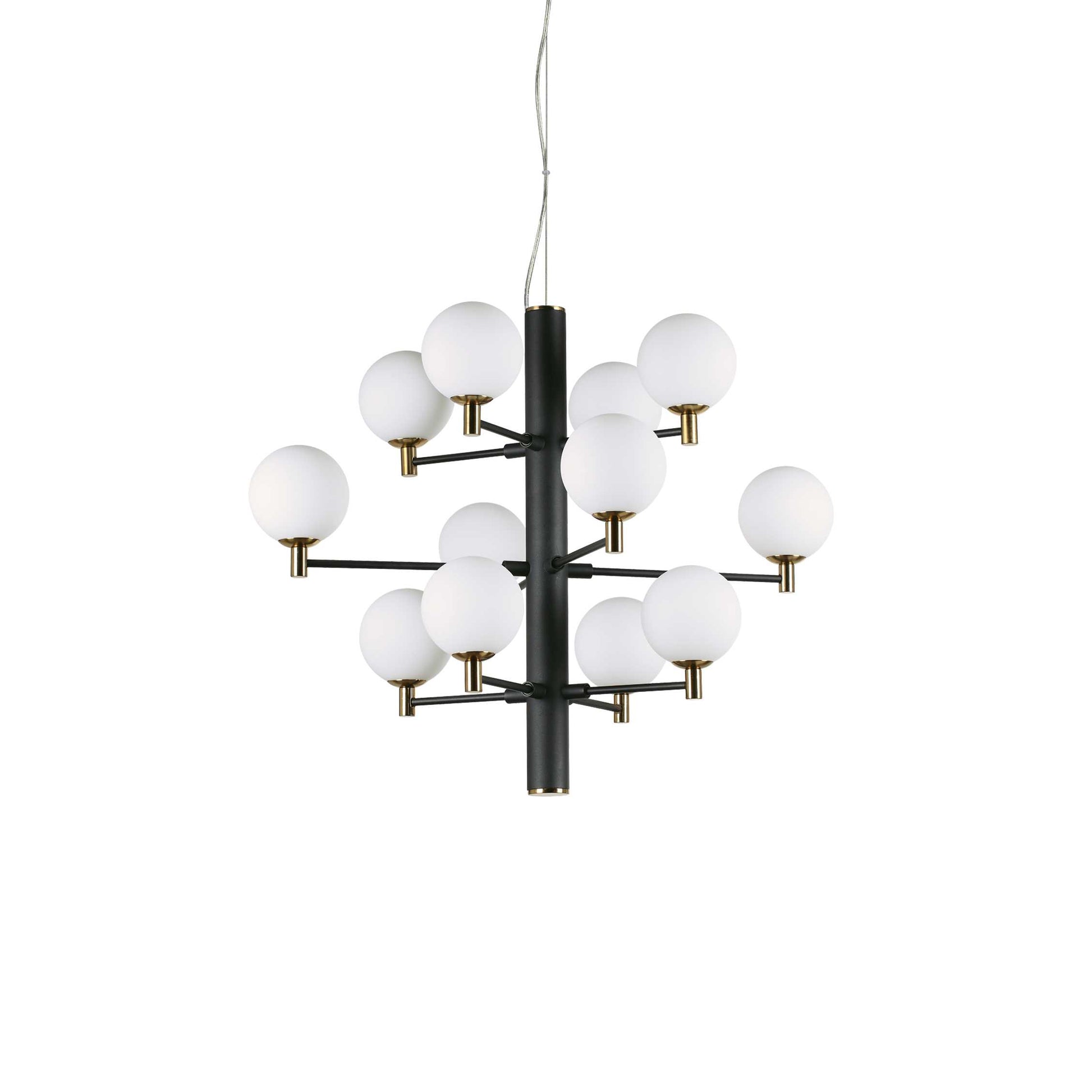 Lustra suspendata cu 12 globuri sticla opala, structura metalica neagra mata cu accesorii aurii, 3 niveluri, soclu E14