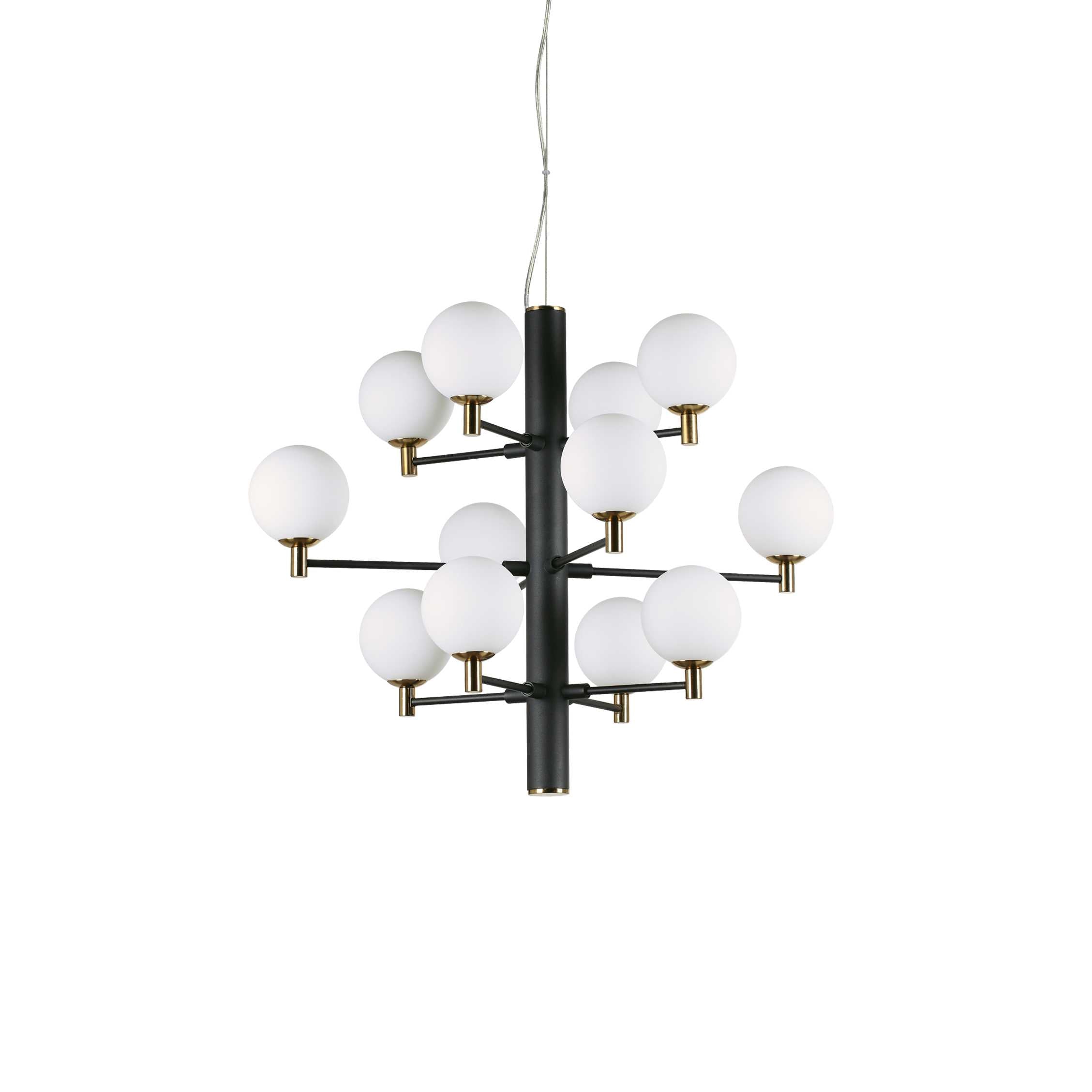 Lustra suspendata cu 12 globuri sticla opala, structura metalica neagra mata cu accesorii aurii, 3 niveluri, soclu E14