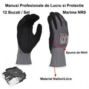 Manusi de lucru cu spuma de nitril, marime NR9, material nailon/licra, set 12 perechi pentru protectie profesionala